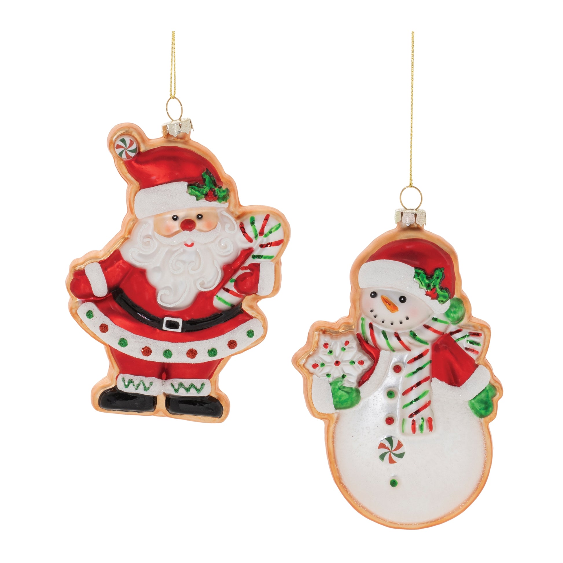 glass santa and snowman ornaments on a white background.