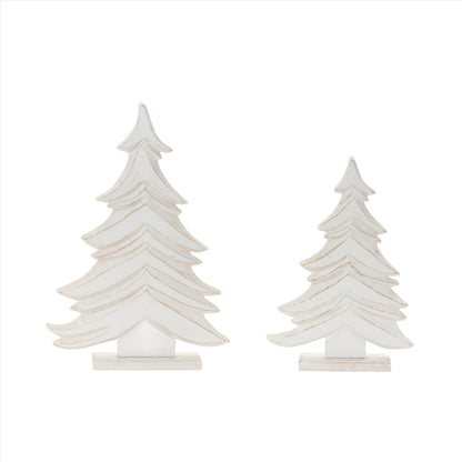 2 sizes of white wooden trees on a white background.