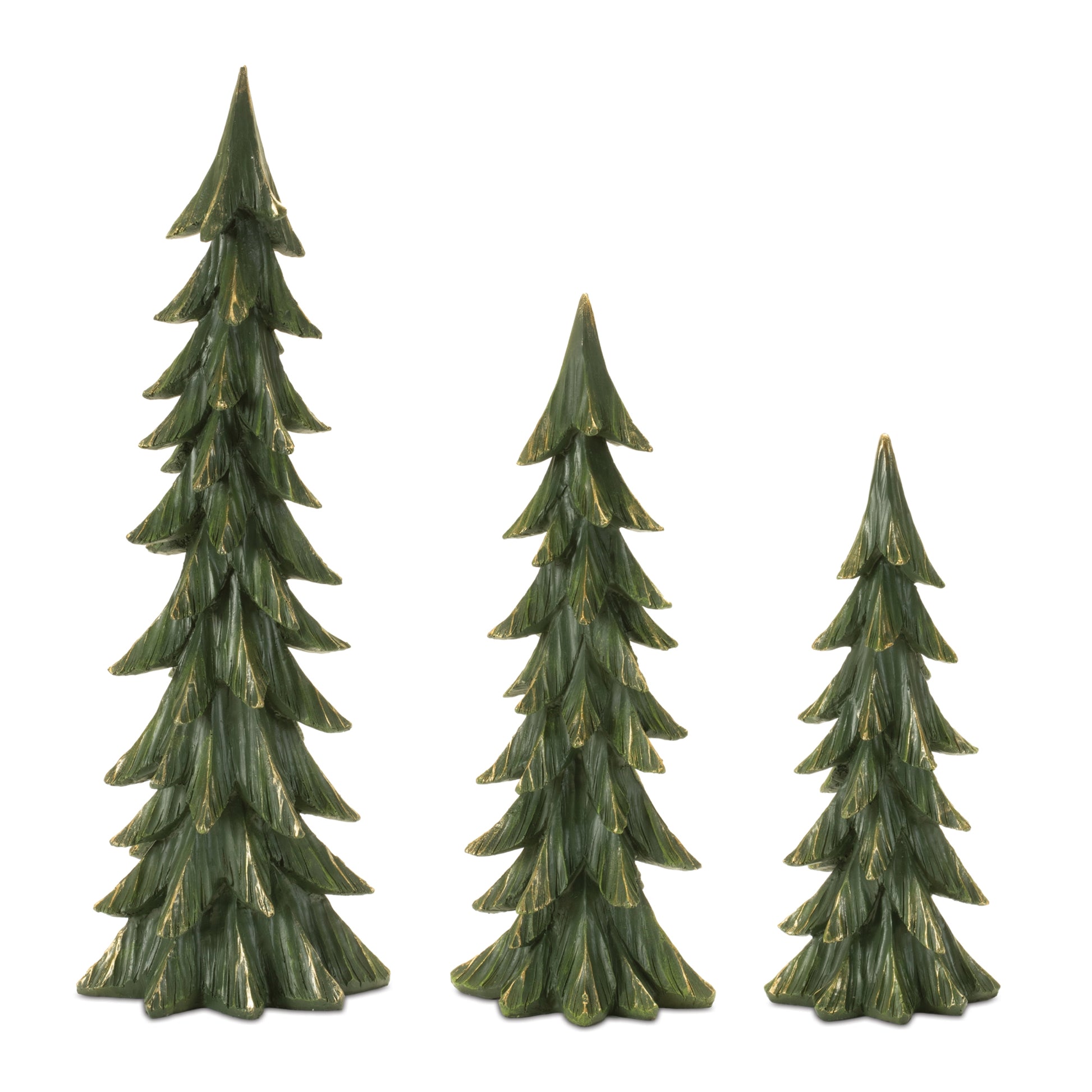 3 sizes of green forest trees in a row on a white background.