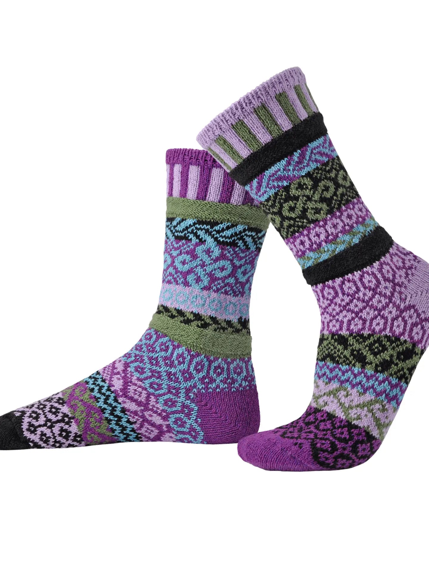 pair of La Seine Crew Socks with similar but mismatched designs shown on a white background
