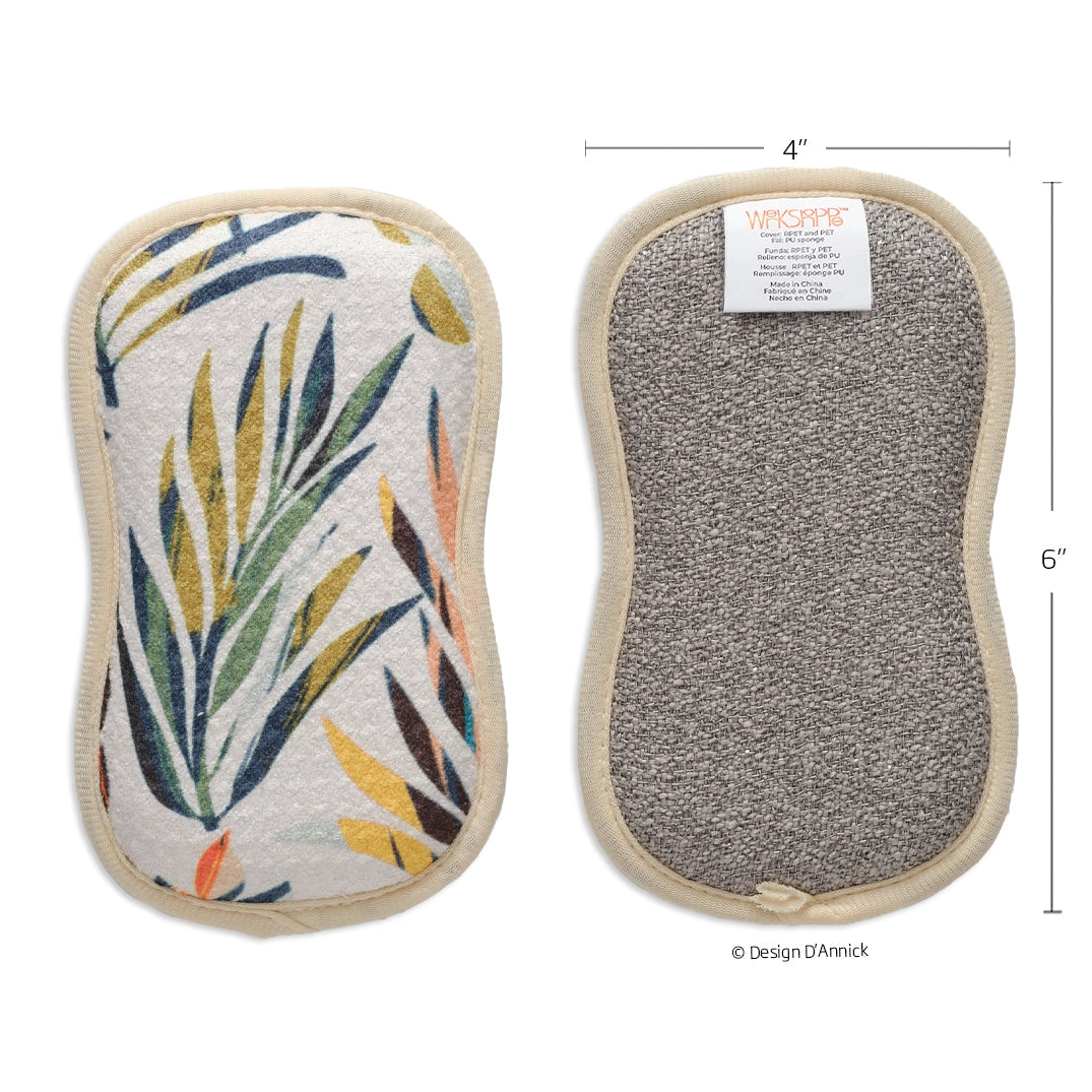 Front and back view of colorful leaves scrubbies shown with dimensions.
