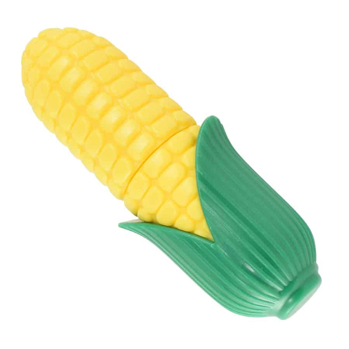Corn-shaped corn holder with green husk on a white background