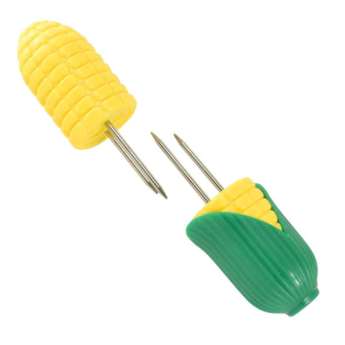 Corn-shaped corn holders separated showing prongs for holding corn 