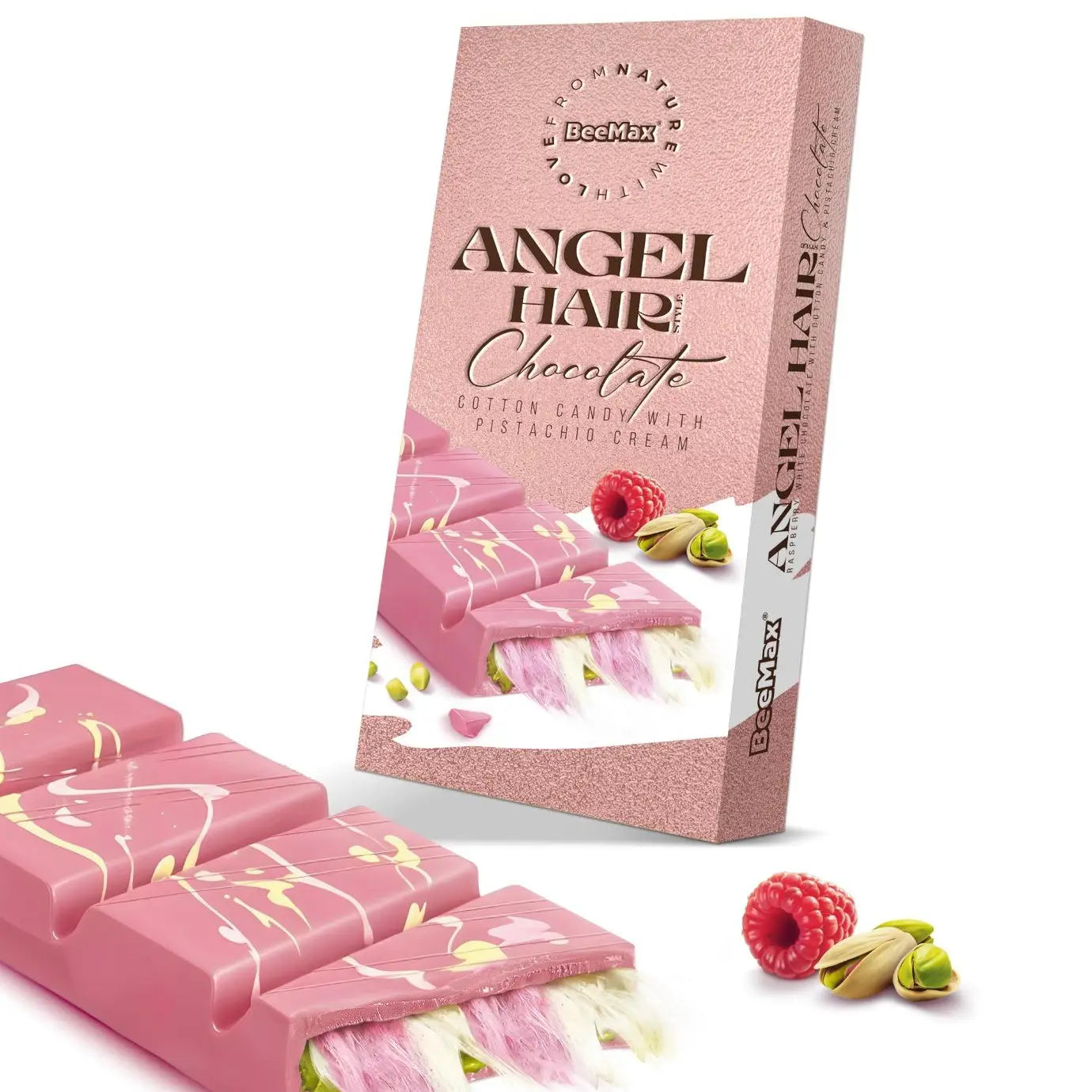 Pink 'Angel Hair' chocolate bars with pistachio cream and packaging on a white background