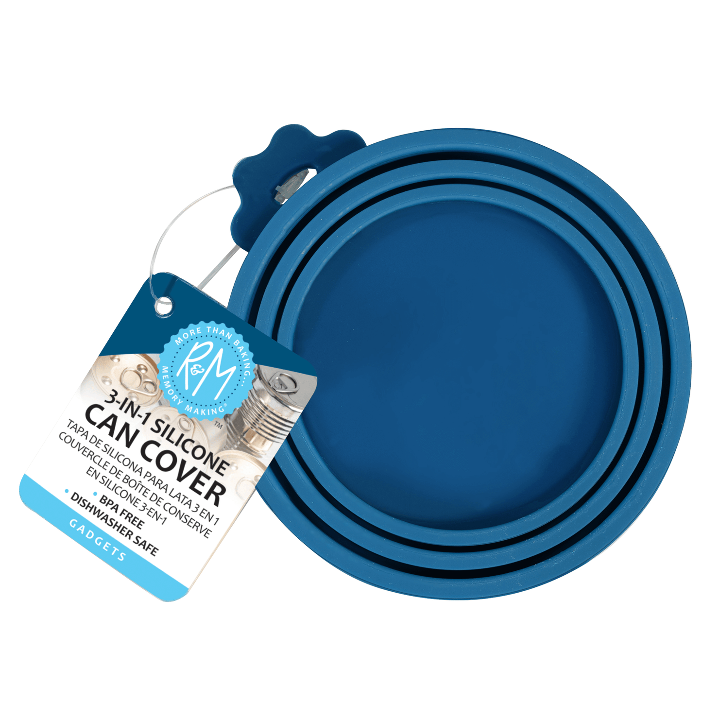 Blue silicone can cover with a tag on a white background
