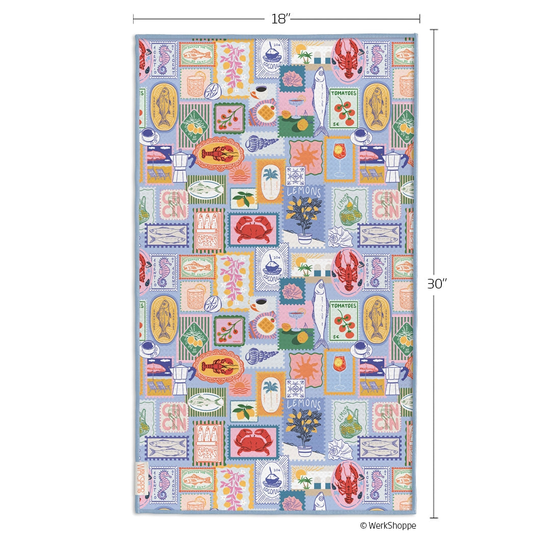 mediterranean summer microfiber towel next to mesurments