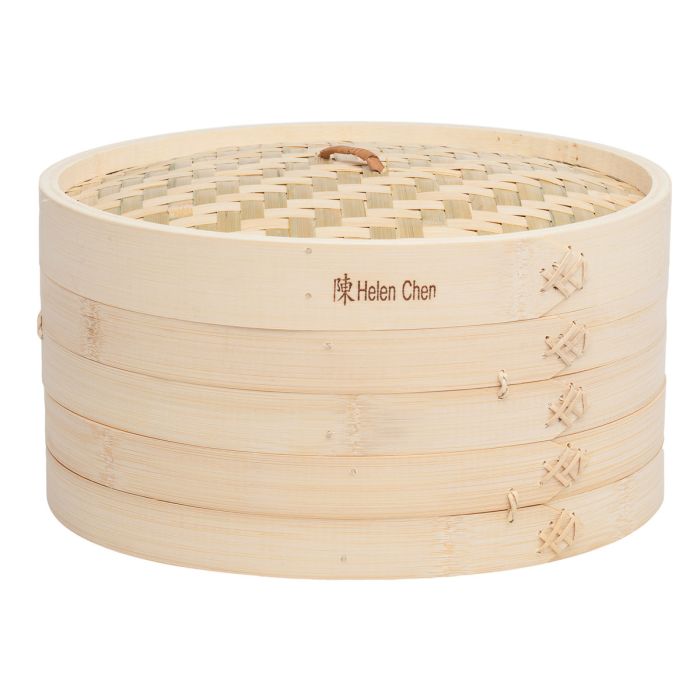 Bamboo steamer with 'Helen Chen' branding on a white background