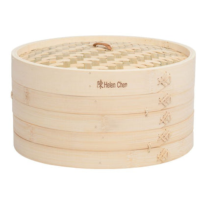Bamboo steamer with 'Helen Chen' branding on a white background