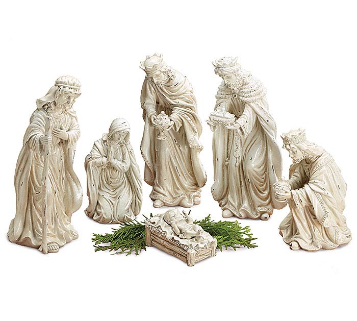 white distressed nativity set displayed against a white background
