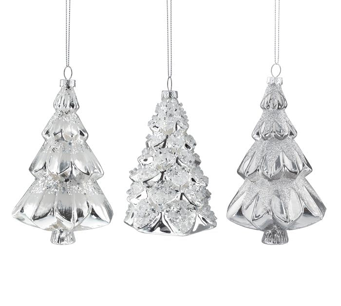 3 assorted silver tree ornaments on a white background.