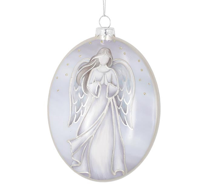 white blown glass ornament with a pale gold angel o the front displayed against a white background