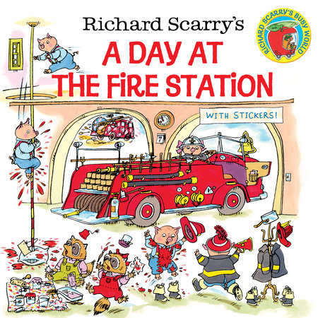 front cover of fire station book with illustration of fire trucks and animal firemen.