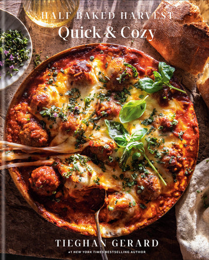 book cover featuring cheesy meatballs and white title text