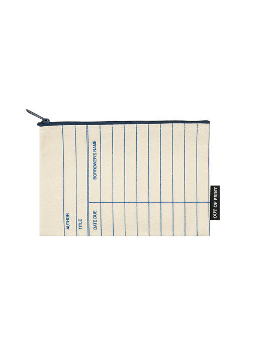 front side of the zipper pouch designed to look like a library card