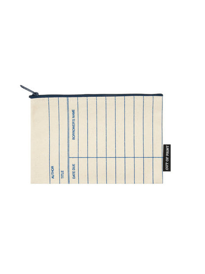 front side of the zipper pouch designed to look like a library card