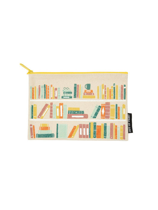 zipper pouchwith images of filled bookshelves printed on it