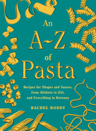 teal cover of pasta book with yellow text and pasta drawings