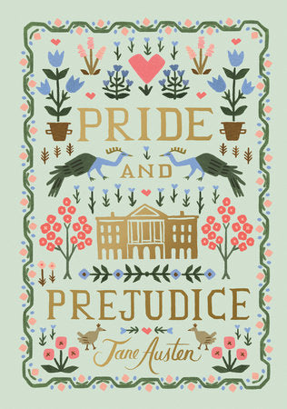 cover of Pride and Prejudice - pale green with floral graphics and gold text
