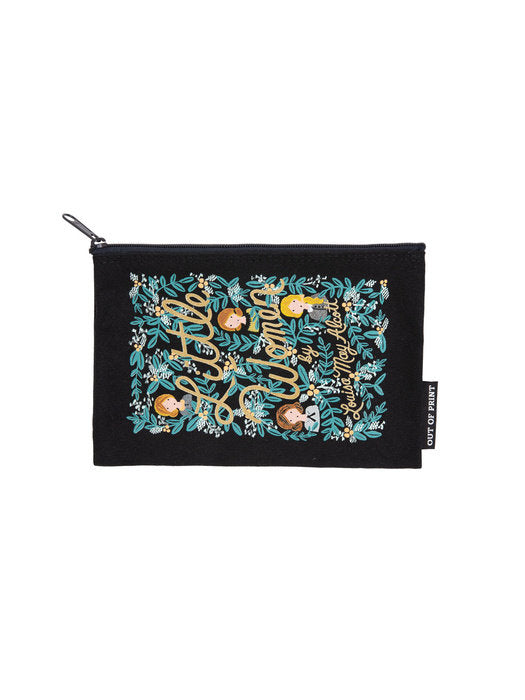front view of pouch featuring botanicals, faces, and text