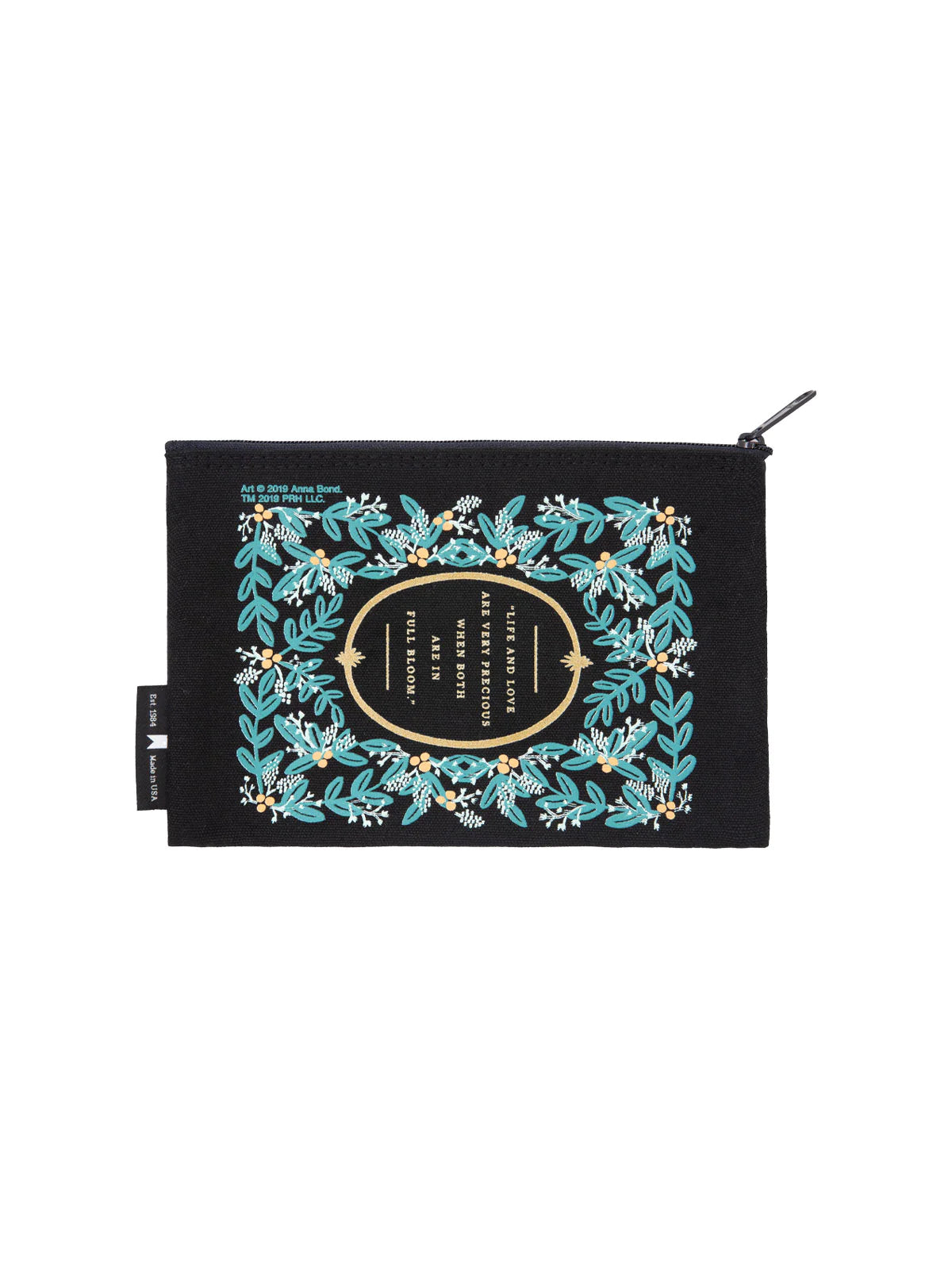 back view of pouch featuring botanicals and a quote