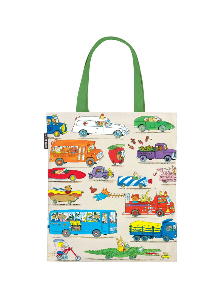 richard scarry cars, trucks, and other transportation methods on a ivory tote bag with green handle. 