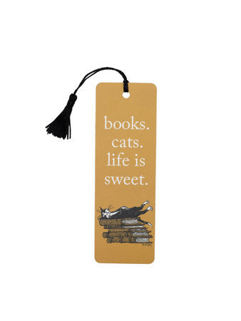 dark tan bookmark with a cat on book and white text