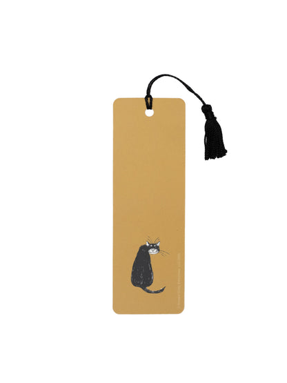 dark tan bookmark with a cat looking at you on it