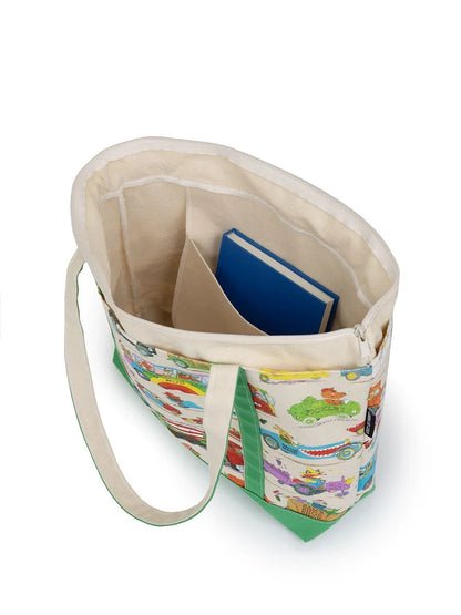 top down view of the large richard scarry Cars and Trucks and Things That Go Large Zippered Tote showing a book inside