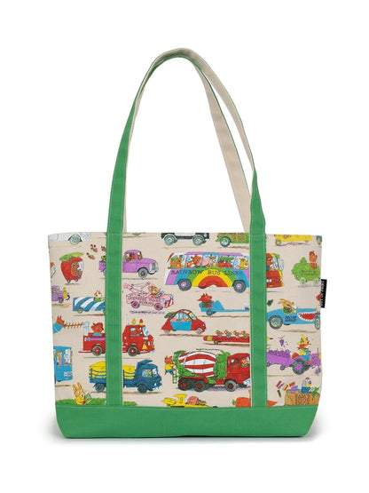 front view of the large richard scarry Cars and Trucks and Things That Go Large Zippered Tote