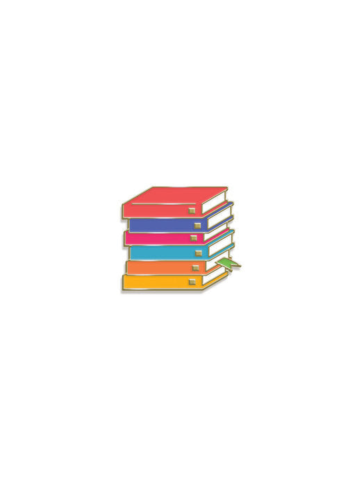enamel pin of 6 multi colored books stacked on each other