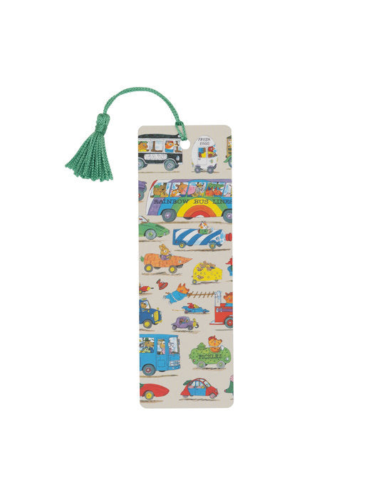 bookmark with green tassle and images from Richard Scarry's cars and trucks book