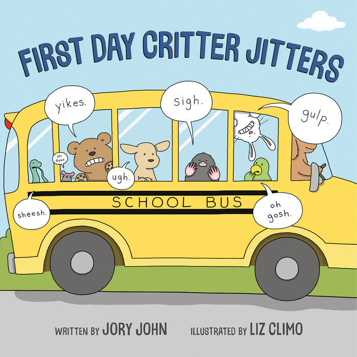 front cover of first day jitters with the illustration of a yellow school bus filled with animals.