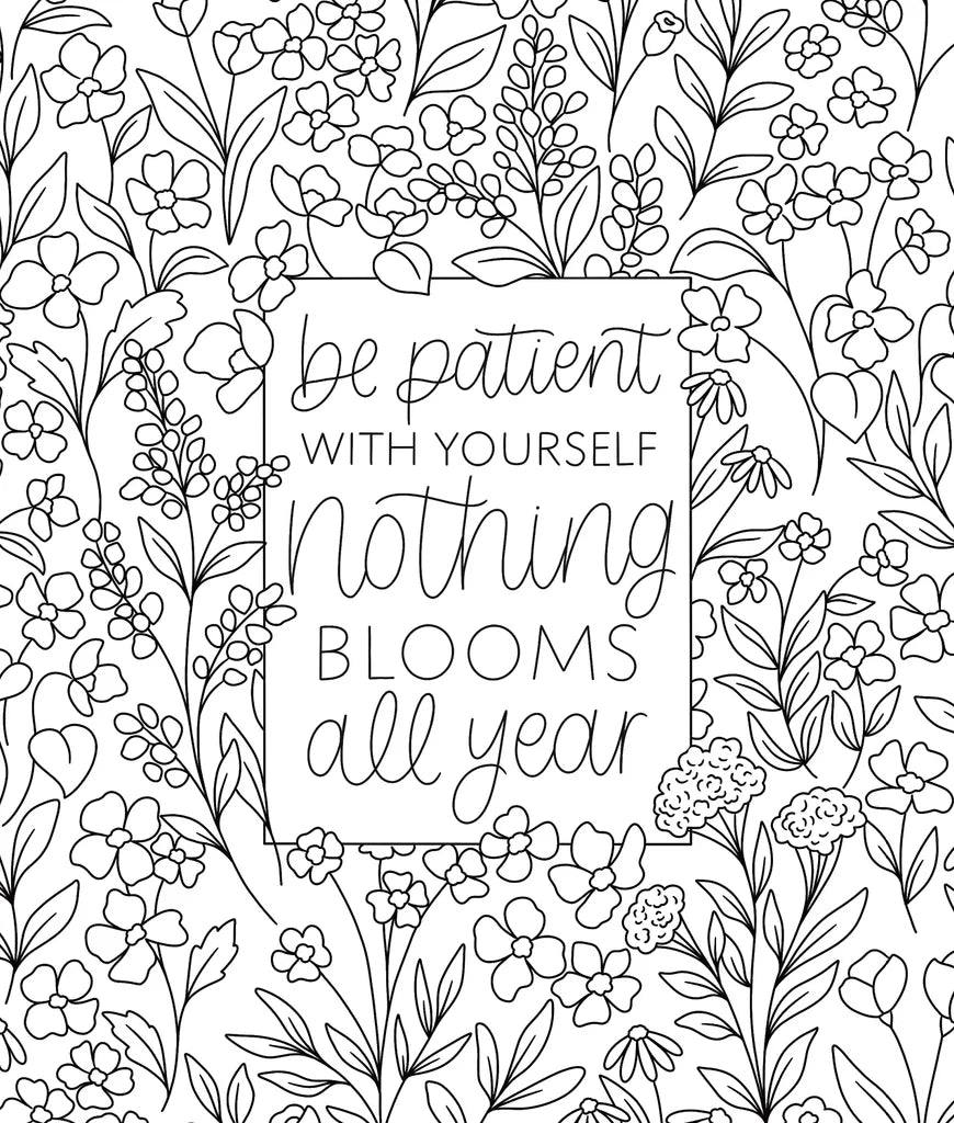 Motivational quote 'Be patient with yourself, nothing blooms all year' surrounded by floral patterns on a white background.