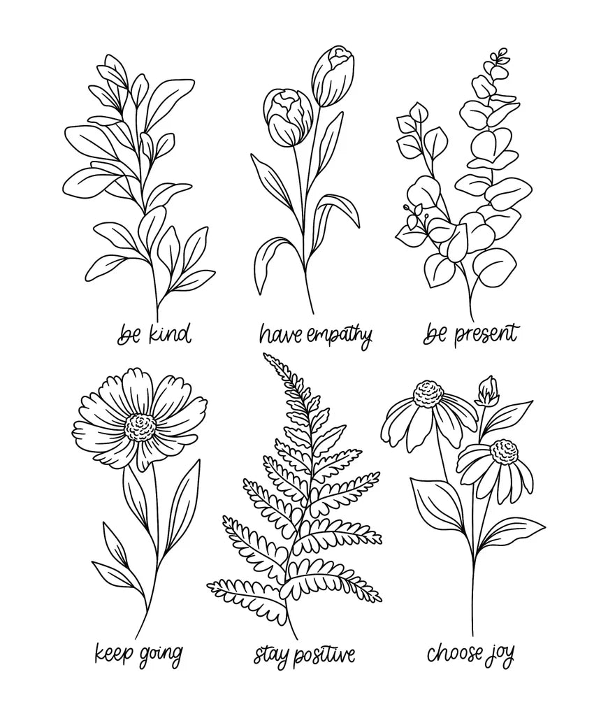 Set of black line art floral designs with motivational phrases on a white background