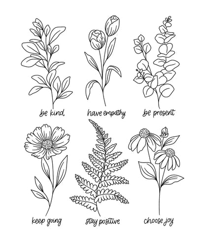 Set of black line art floral designs with motivational phrases on a white background