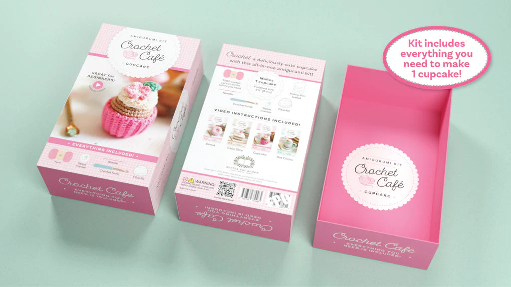 front, back, and inner view of Crochet Cafe cupcake kit packaging on a light green background