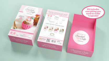 front, back, and inner view of Crochet Cafe cupcake kit packaging on a light green background