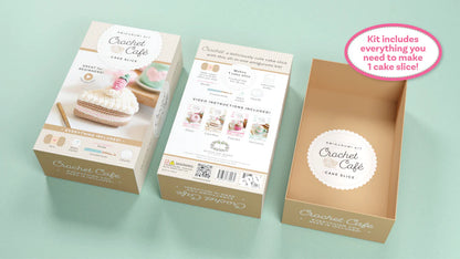 front back and inner views for a box of Crochet Cafe cake slice kit on a light green background