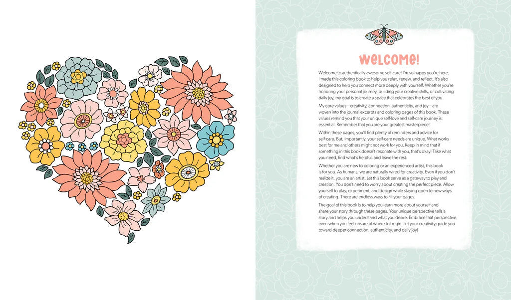 An open book with a floral illustration on the left page and a welcome text page on the right page. The flowers are pink, orange, yellow, and blue with green leaves.