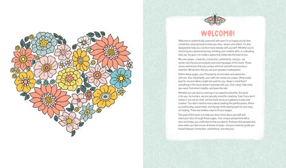 An open book with a floral illustration on the left page and a welcome text page on the right page. The flowers are pink, orange, yellow, and blue with green leaves.