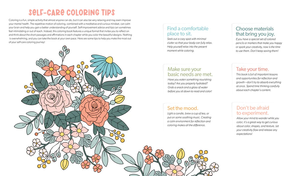 Coloring book page with floral design and self-care coloring tips text.