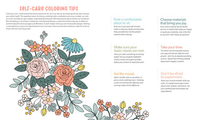 Coloring book page with floral design and self-care coloring tips text.