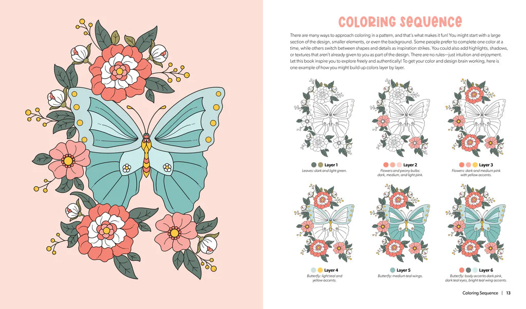 A printed coloring-book showing a colored butterfly and flowers on the left and a coloring sequence guide with layered butterfly illustrations on the right.
