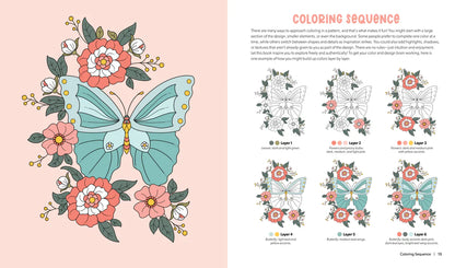 A printed coloring-book showing a colored butterfly and flowers on the left and a coloring sequence guide with layered butterfly illustrations on the right.