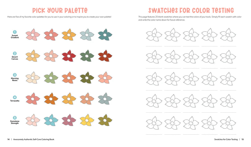 A coloring book page showing a color palette section with labeled flower swatches (Sunflower, Dandelion, Marigold, Morning Glory, Tulip, Coneflower) and a right-hand column titled 'Swatches for Color Testing' with blank flower outlines for the reader to fill in.