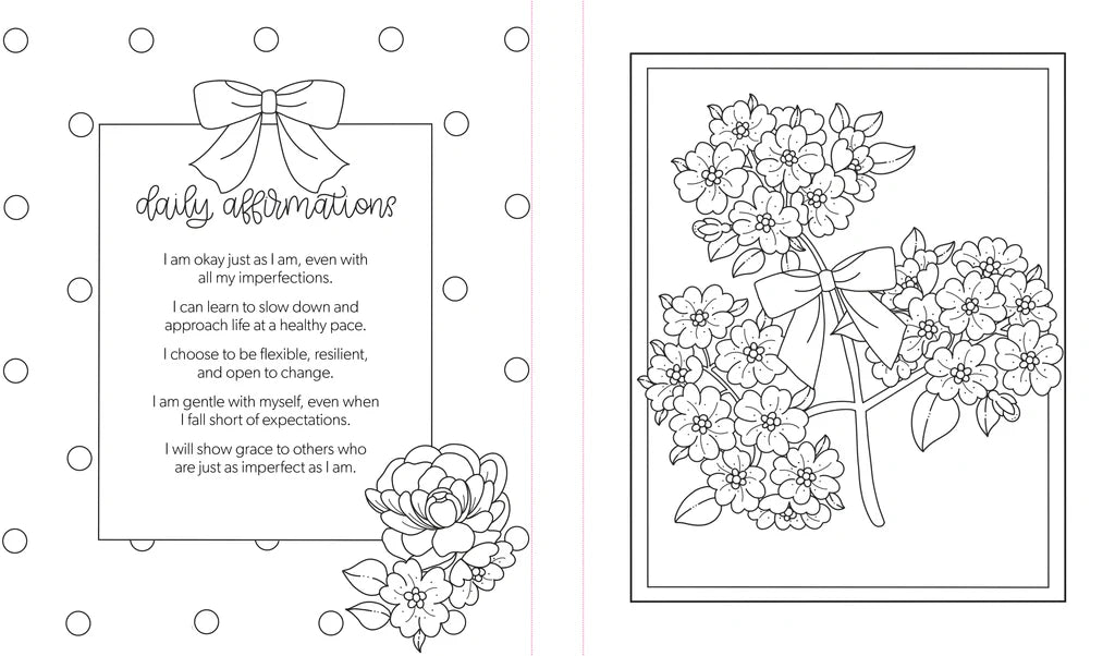 Black and white coloring page featuring a daily affirmation card with a bow and flowers, alongside a matching floral border design.