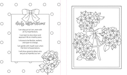 Black and white coloring page featuring a daily affirmation card with a bow and flowers, alongside a matching floral border design.