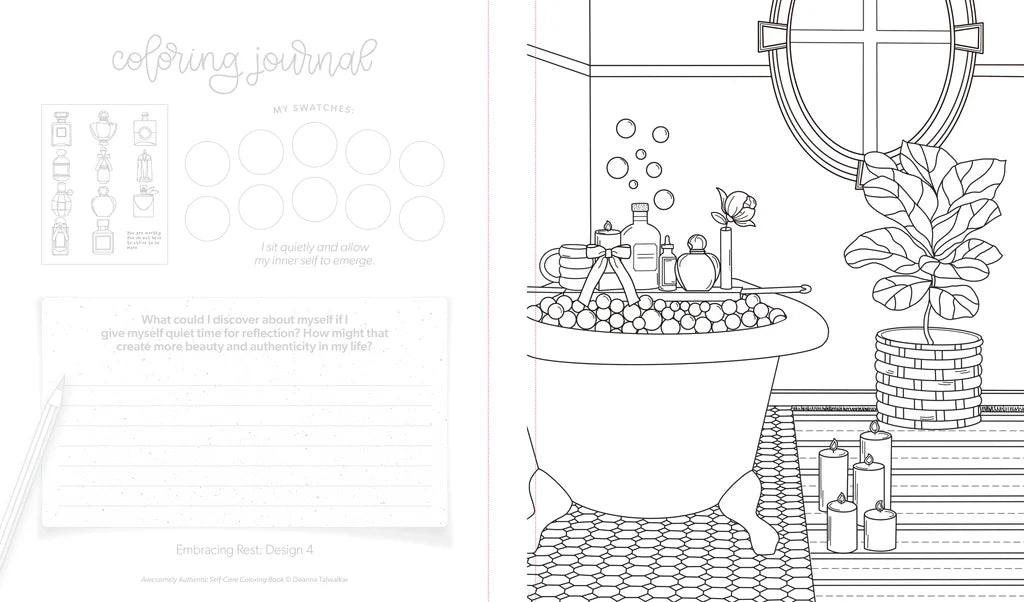 A two-page coloring journal spread showing black-and-white line art of a bathroom scene on the right and writing prompts and blank circles on the left, with the title 'coloring journal' at the top.