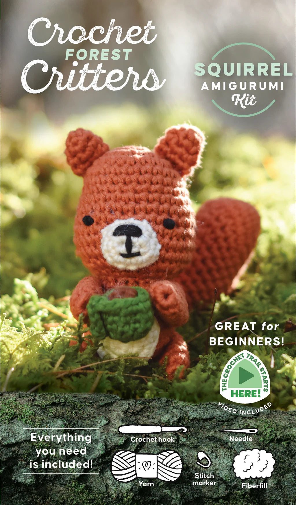Crocheted squirrel amigurumi kit with text describing what's in the kit