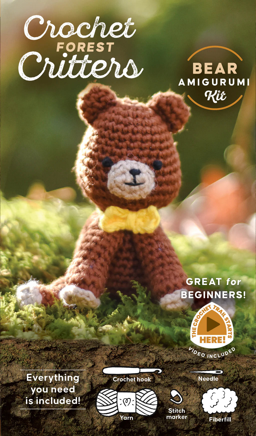 Crochet bear amigurumi kit with text describing what's in the kit